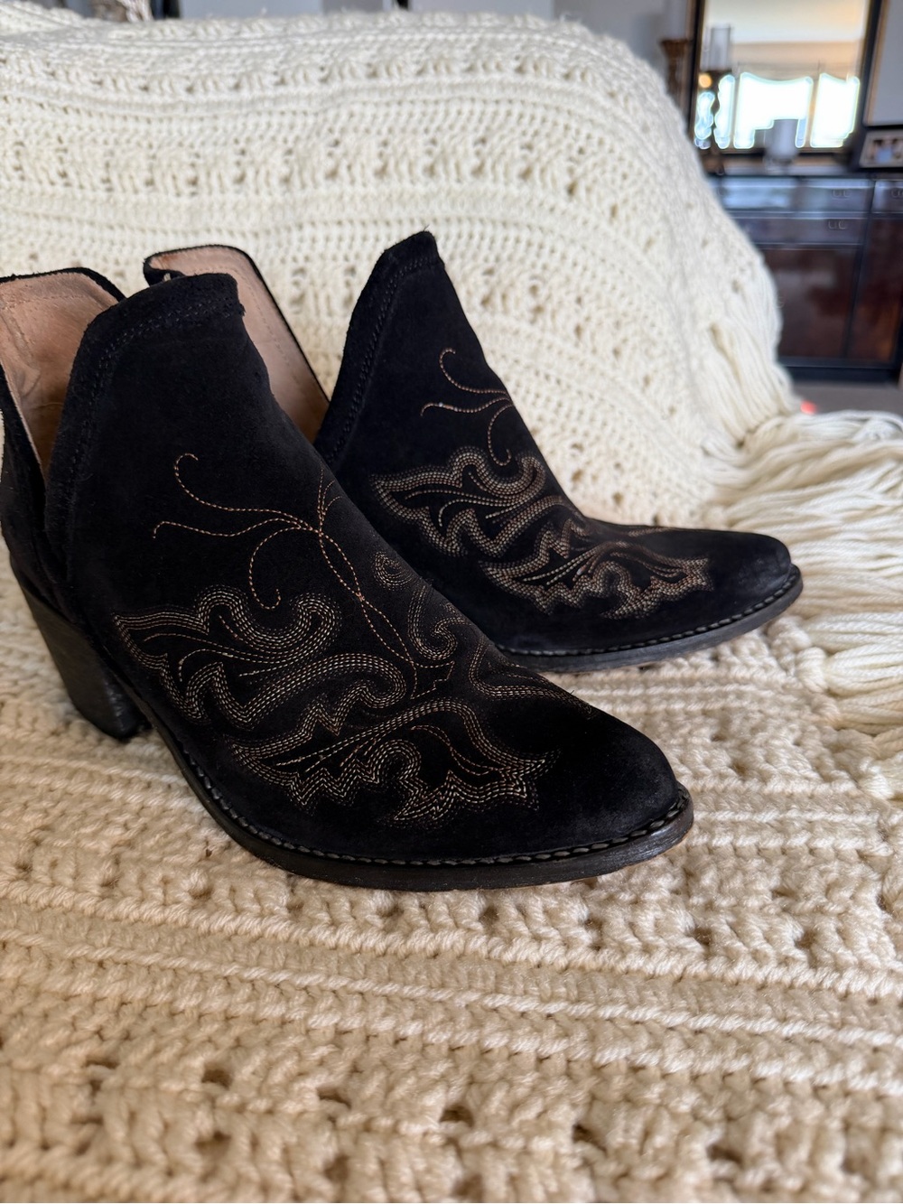 Circle G Black Suede Western Ankle Booties with Embroidered Detail